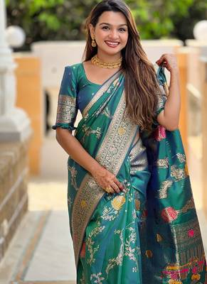 Designer teal green zari weaving work banarasi silk saree 2
