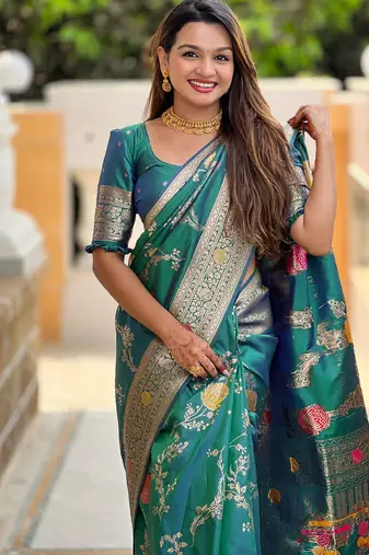 Designer teal green zari weaving work banarasi silk saree