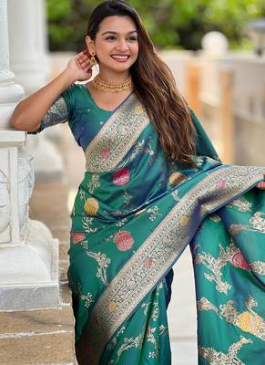 Designer teal green zari weaving work banarasi silk saree 3