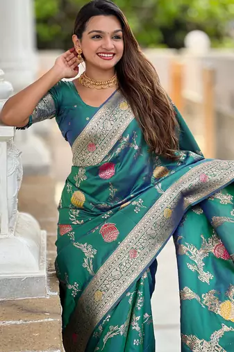 Designer teal green zari weaving work banarasi silk saree