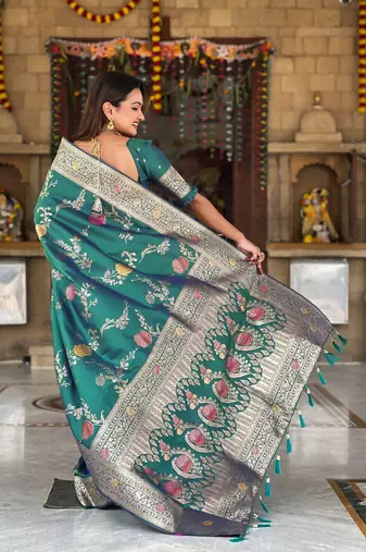 Designer teal green zari weaving work banarasi silk saree