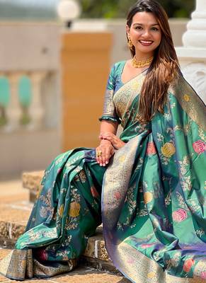 Designer teal green zari weaving work banarasi silk saree 5