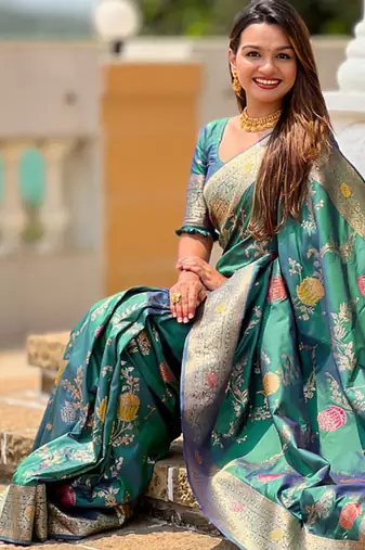 Designer teal green zari weaving work banarasi silk saree