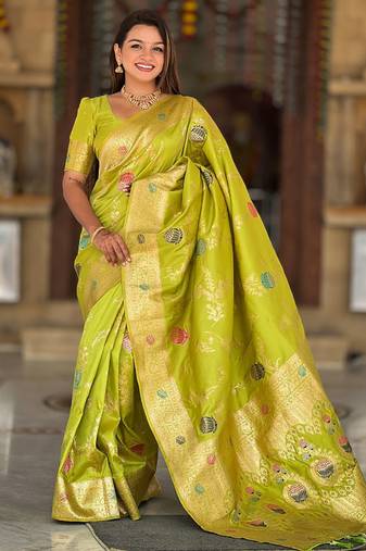 Designer lemon green zari weaving work banarasi silk saree