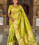 Designer lemon green zari weaving work banarasi silk saree