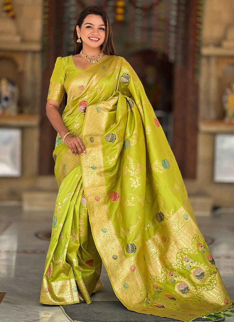 Designer lemon green zari weaving work banarasi silk saree