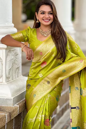Designer lemon green zari weaving work banarasi silk saree