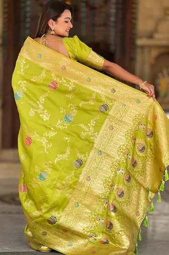 Designer lemon green zari weaving work banarasi silk saree