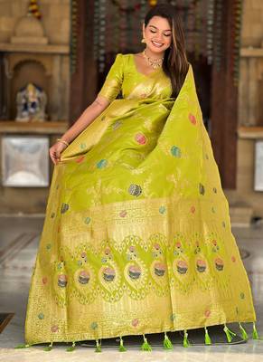 Designer lemon green zari weaving work banarasi silk saree 4