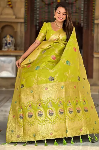 Designer lemon green zari weaving work banarasi silk saree