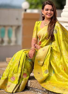 Designer lemon green zari weaving work banarasi silk saree 5