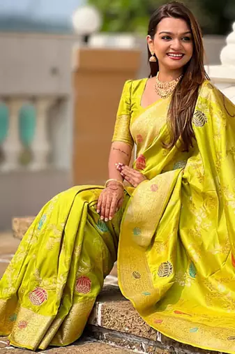 Designer lemon green zari weaving work banarasi silk saree