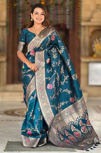 Designer teal blue zari weaving work banarasi silk saree