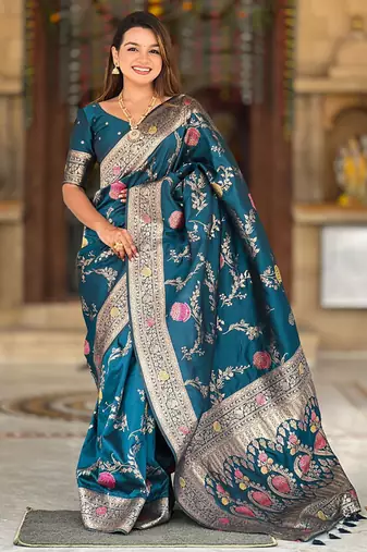 Designer teal blue zari weaving work banarasi silk saree