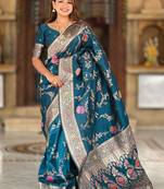 Designer teal blue zari weaving work banarasi silk saree