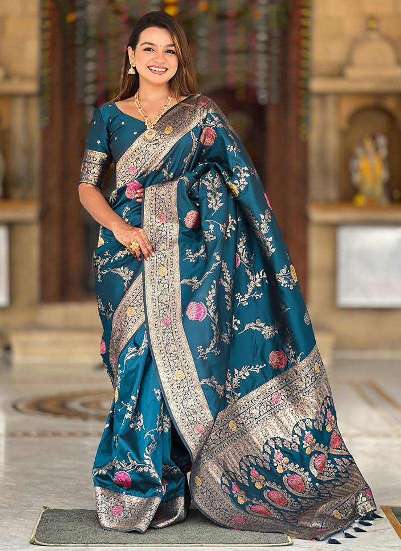 Designer teal blue zari weaving work banarasi silk saree