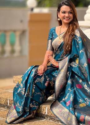 Designer teal blue zari weaving work banarasi silk saree 2