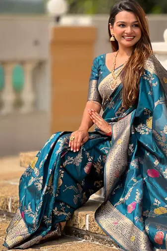 Designer teal blue zari weaving work banarasi silk saree