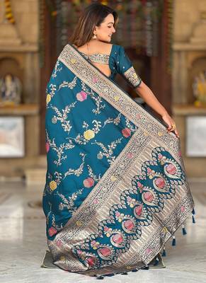 Designer teal blue zari weaving work banarasi silk saree 3