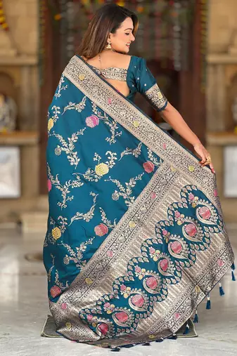Designer teal blue zari weaving work banarasi silk saree