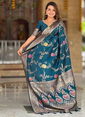 Designer teal blue zari weaving work banarasi silk saree 4