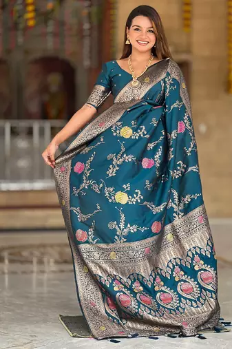 Designer teal blue zari weaving work banarasi silk saree