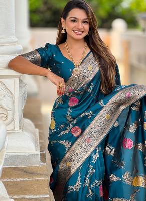 Designer teal blue zari weaving work banarasi silk saree 5