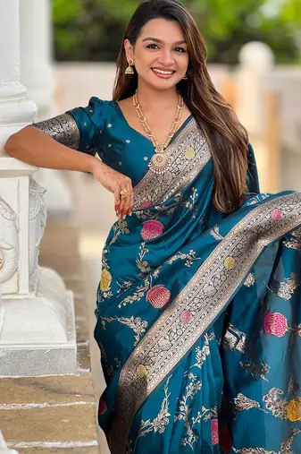 Designer teal blue zari weaving work banarasi silk saree