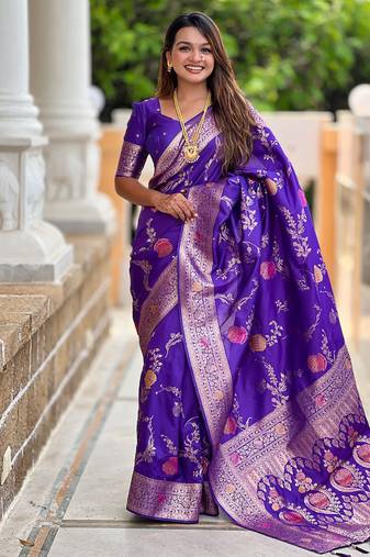 Designer blue zari weaving work banarasi silk saree