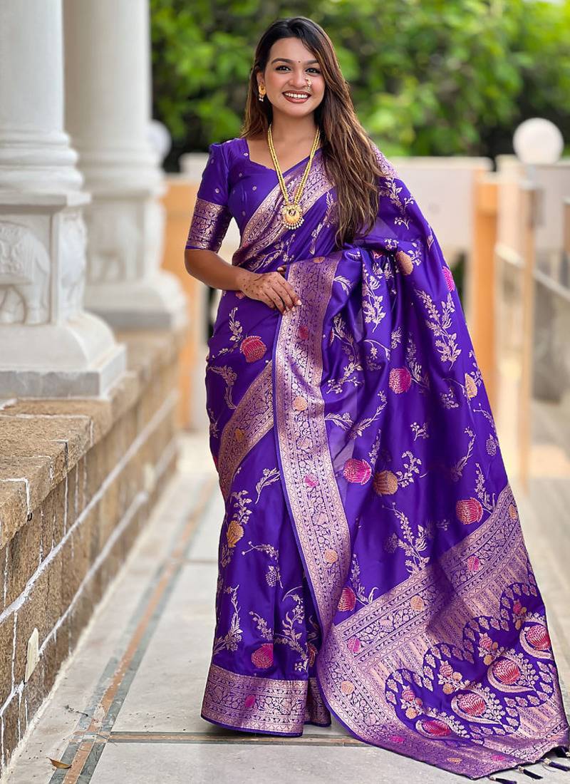Designer blue zari weaving work banarasi silk saree