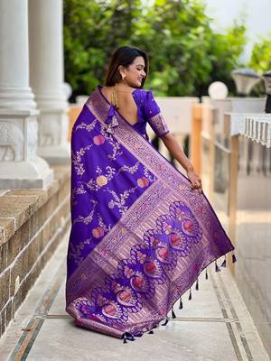 Designer blue zari weaving work banarasi silk saree 5