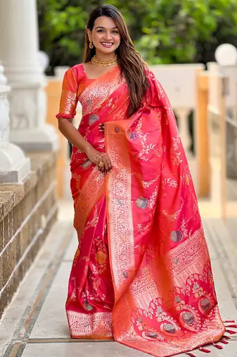 Designer fuchsia pink zari weaving work banarasi silk saree