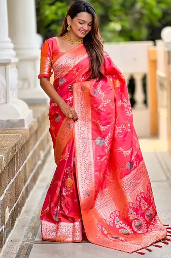Designer fuchsia pink zari weaving work banarasi silk saree