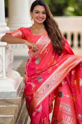 Designer fuchsia pink zari weaving work banarasi silk saree