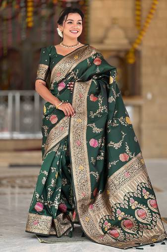 Designer green zari weaving work banarasi silk saree