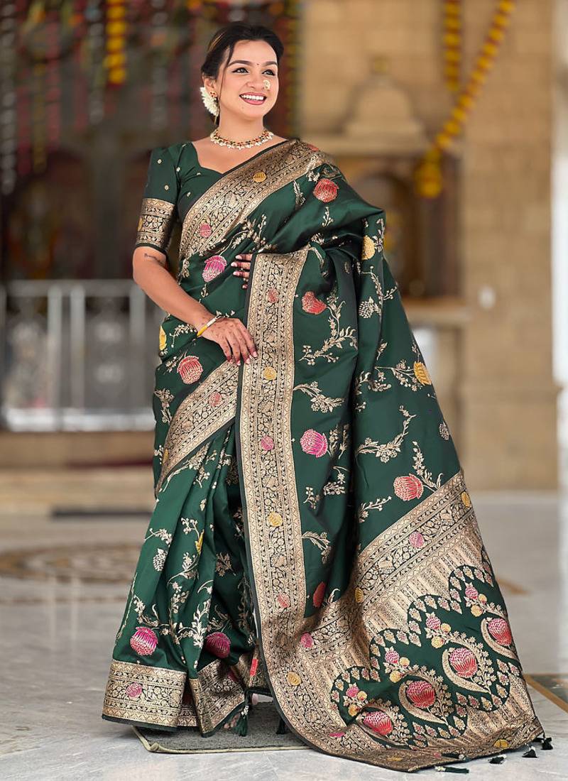 Designer green zari weaving work banarasi silk saree
