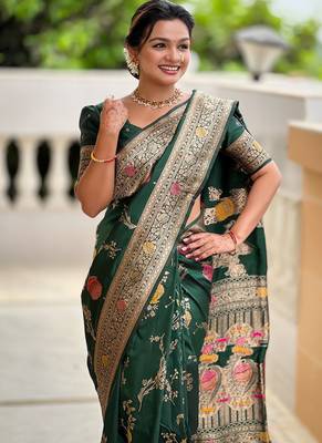 Designer green zari weaving work banarasi silk saree 2