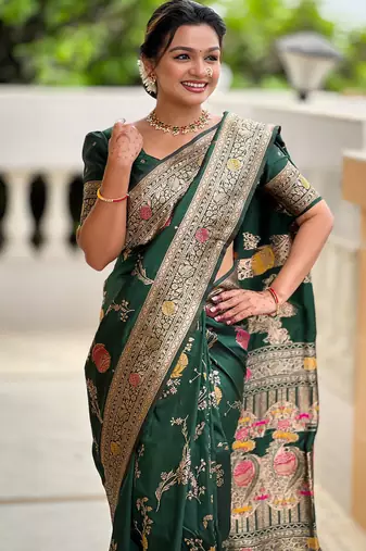 Designer green zari weaving work banarasi silk saree