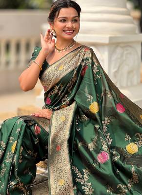 Designer green zari weaving work banarasi silk saree 3