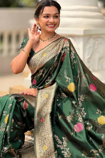 Designer green zari weaving work banarasi silk saree