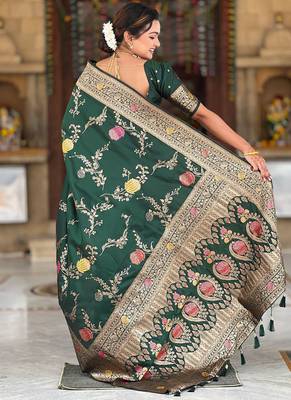Designer green zari weaving work banarasi silk saree 4