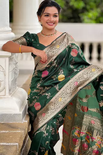 Designer green zari weaving work banarasi silk saree