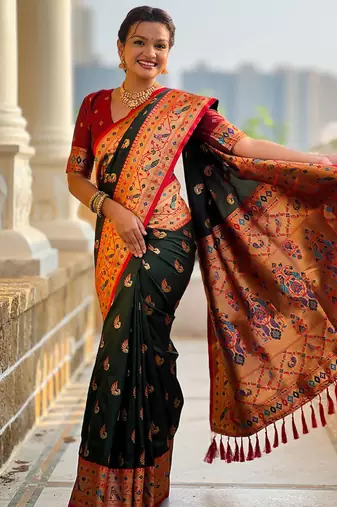 Designer bottle green zari weaving work paithani silk saree