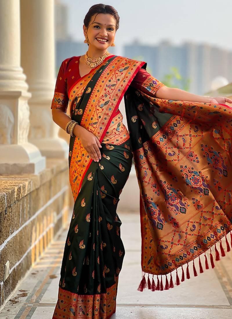 Designer bottle green zari weaving work paithani silk saree