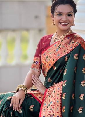 Designer bottle green zari weaving work paithani silk saree 2
