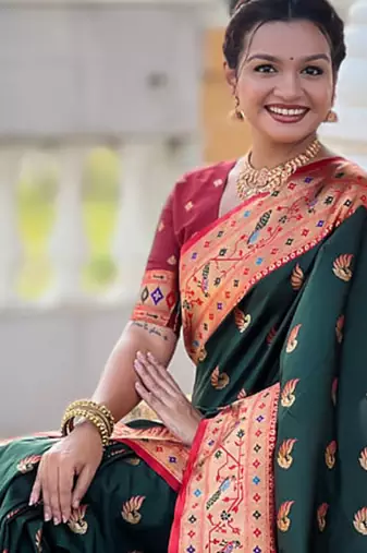 Designer bottle green zari weaving work paithani silk saree