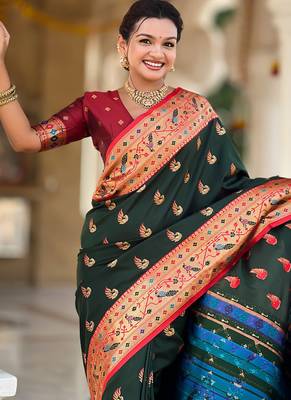Designer bottle green zari weaving work paithani silk saree 3