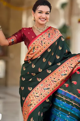 Designer bottle green zari weaving work paithani silk saree