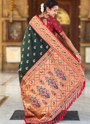 Designer bottle green zari weaving work paithani silk saree 4