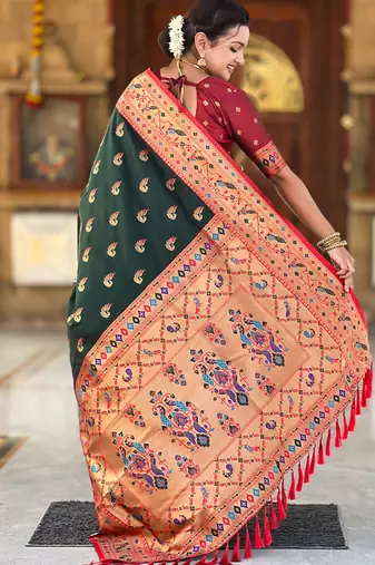 Designer bottle green zari weaving work paithani silk saree